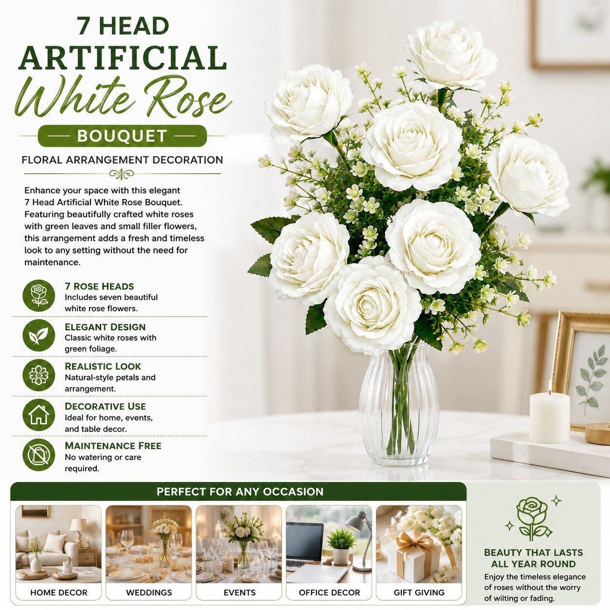 decorative artificial white roses bouquet