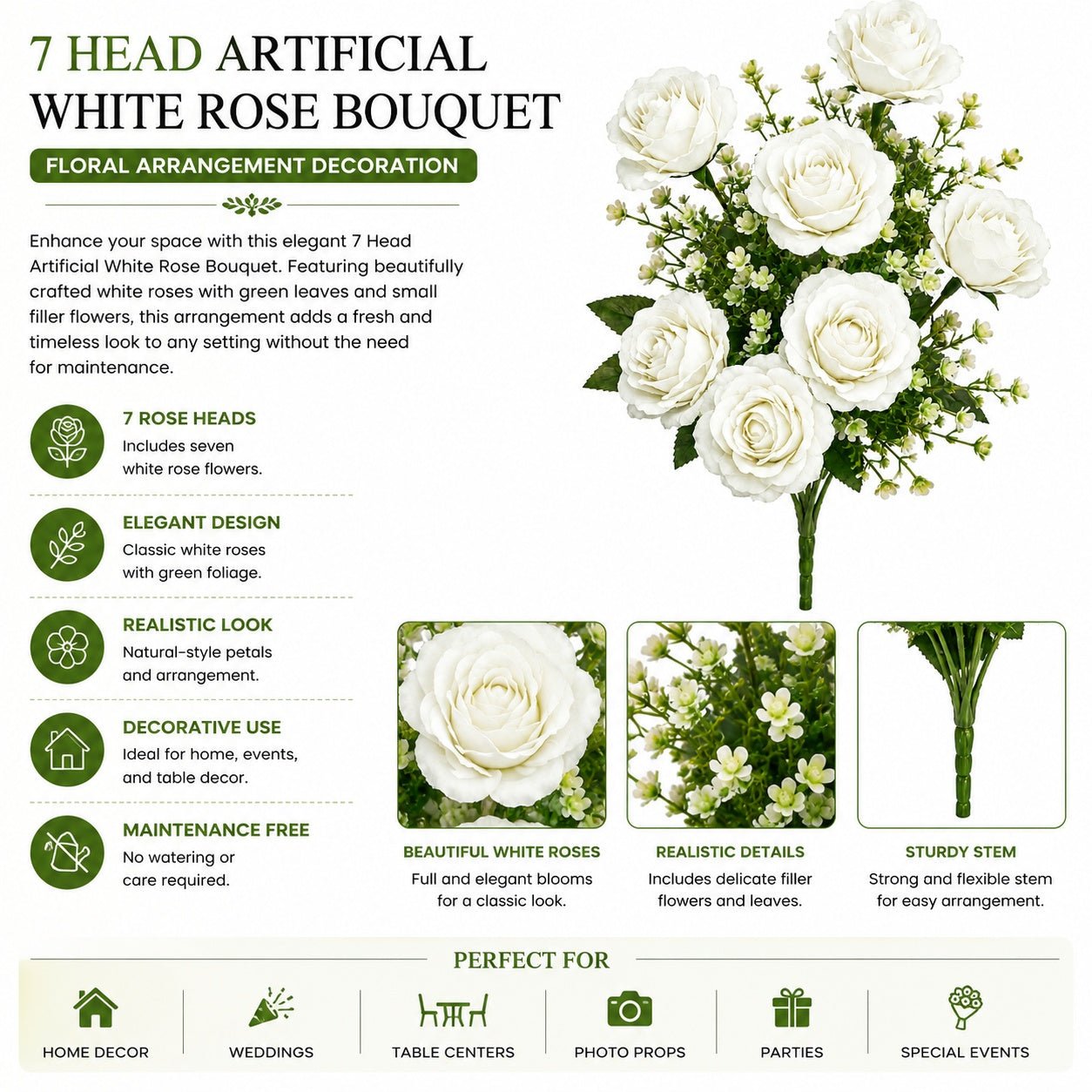 realistic white rose bouquet artificial flowers
