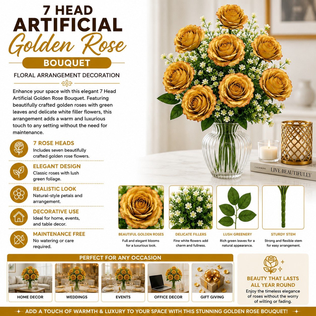 Advertisement for a 7 Head Artificial Golden Rose Bouquet with product details and usage suggestions.