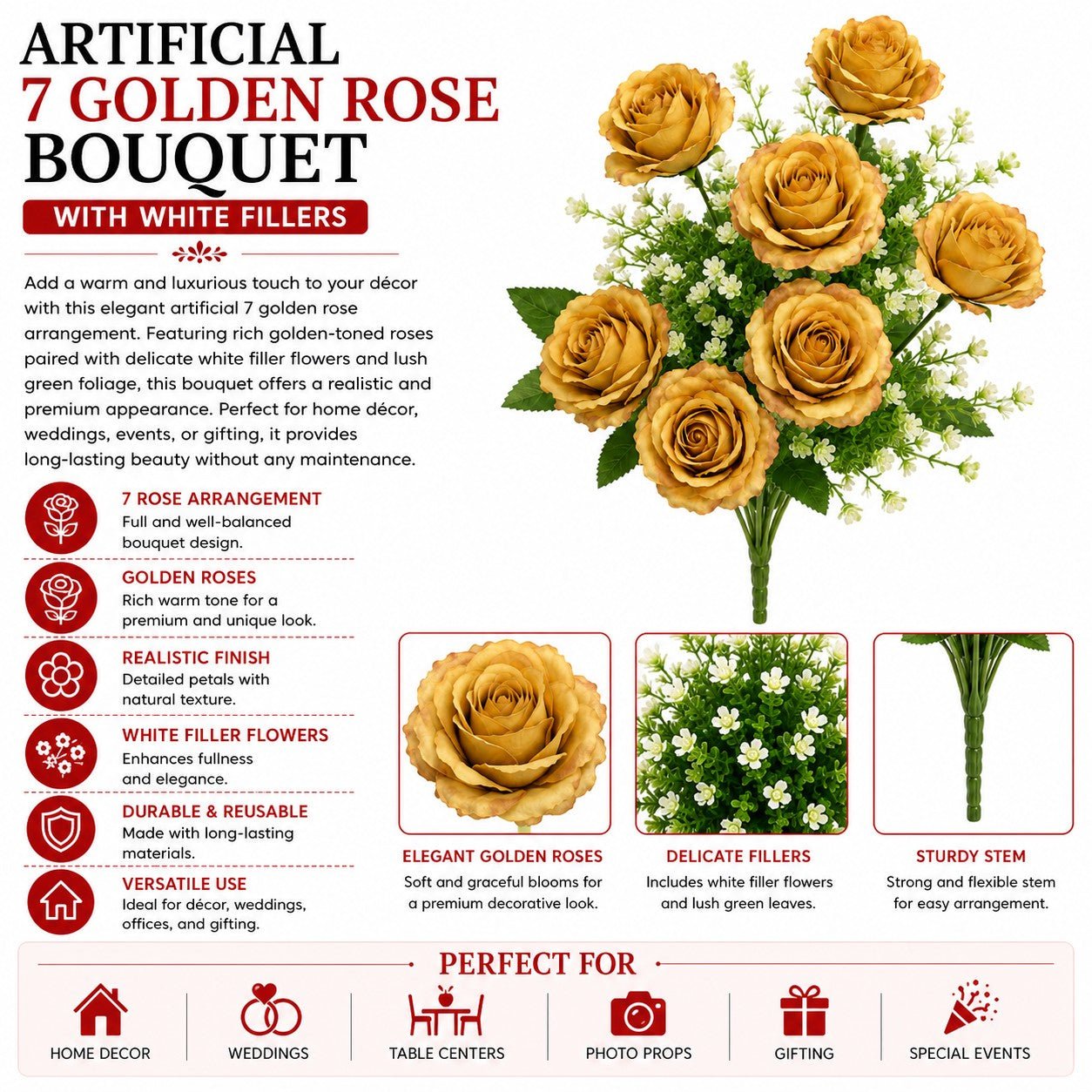 Artificial 7 Golden Rose Bouquet with white fillers on a white background