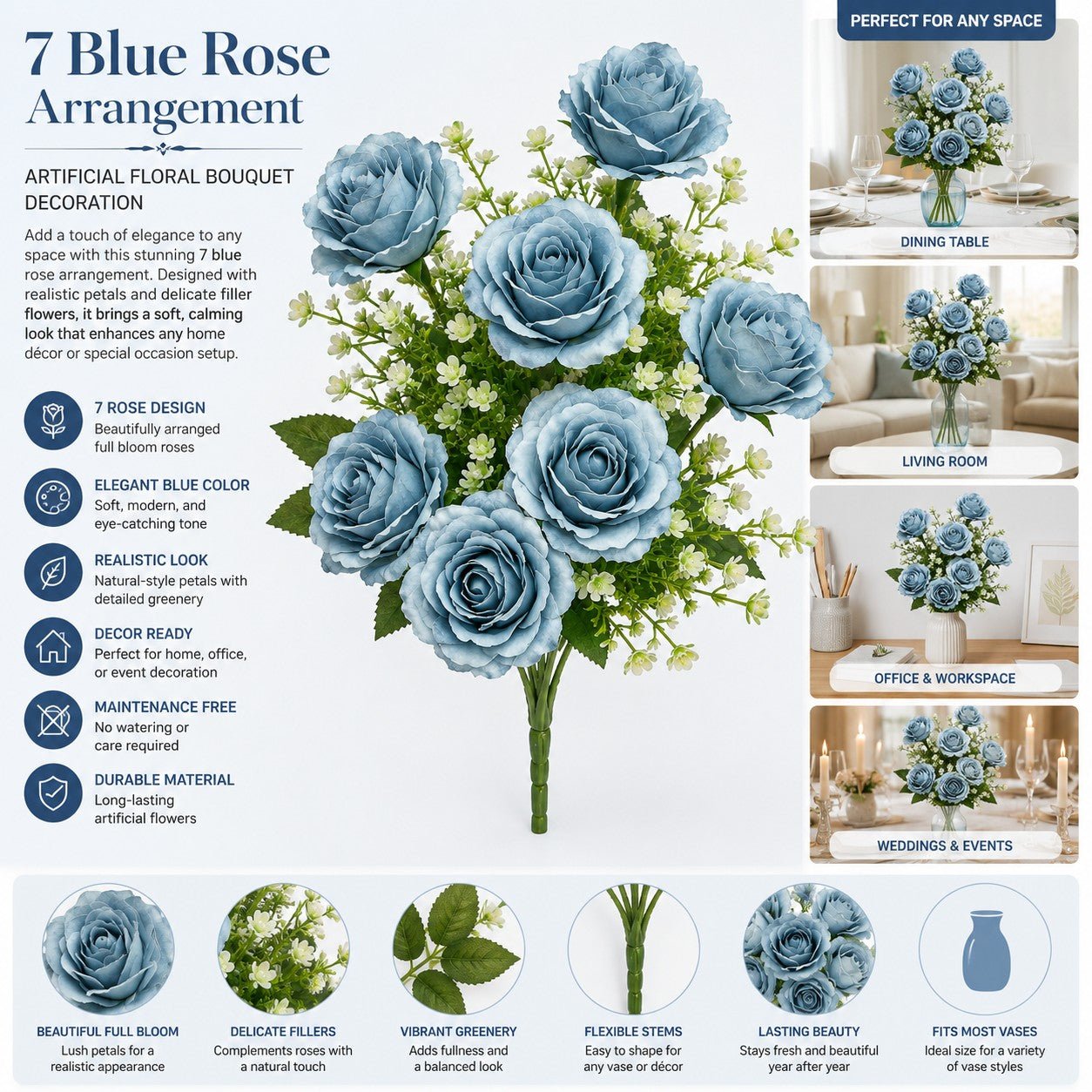 Blue rose arrangement with product details and usage scenarios.
