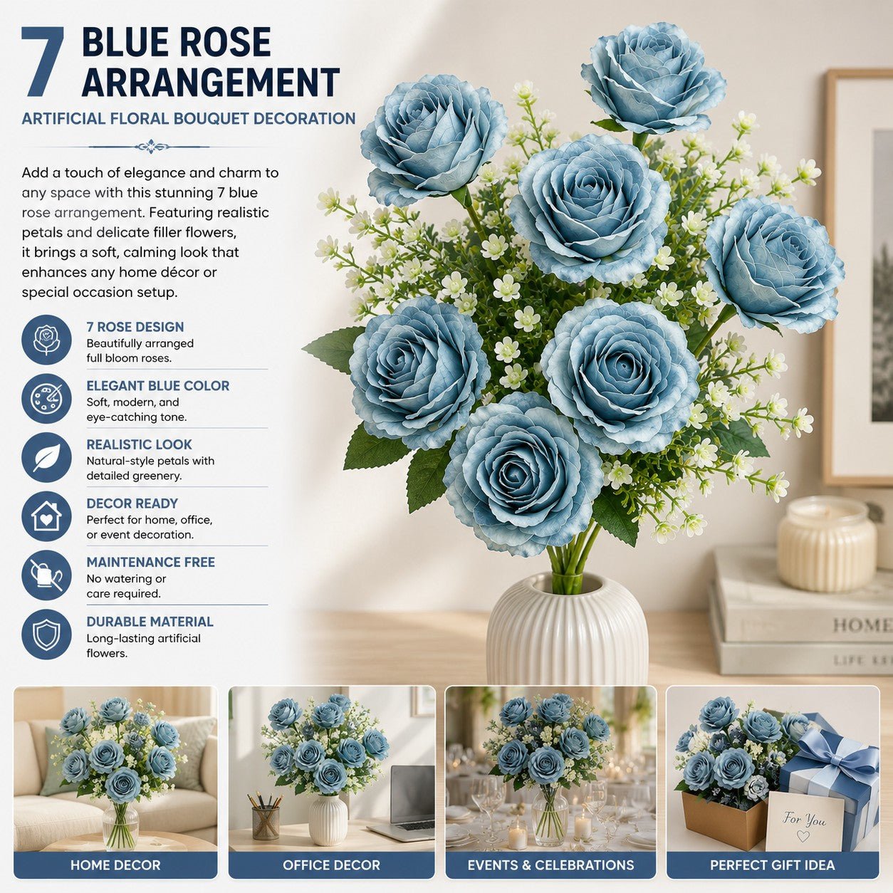 7 Blue Rose Arrangement Artificial Floral Bouquet Decoration