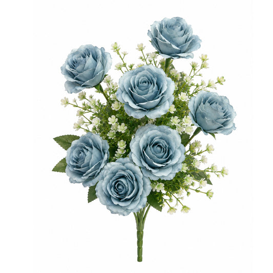 Bouquet of blue roses with green leaves on a white background