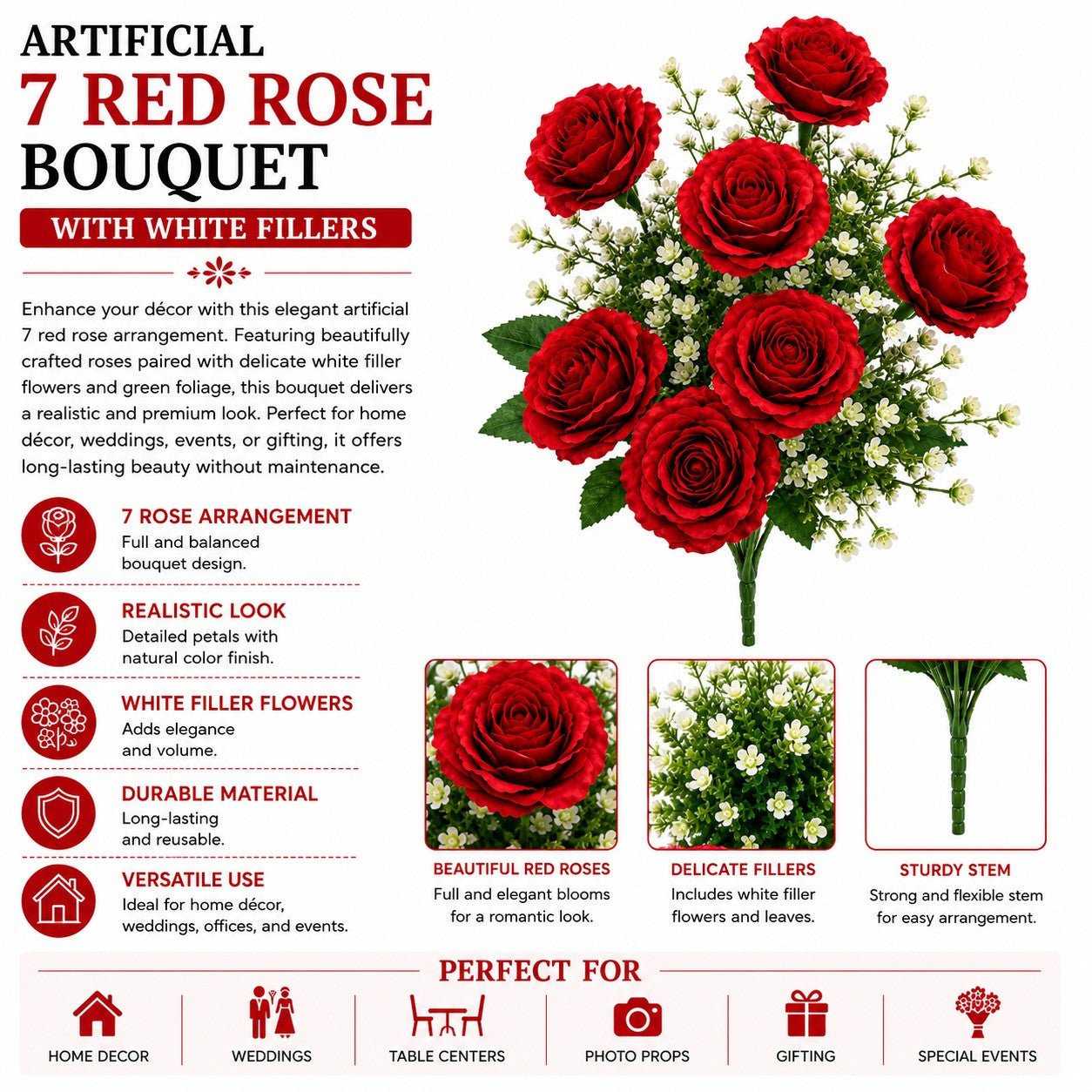 Artificial red rose bouquet with white fillers on a white background, featuring product details and uses.