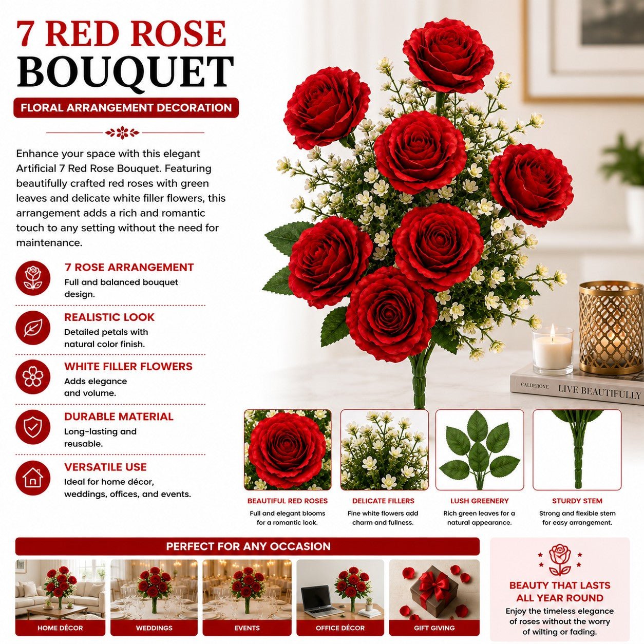 Bouquet of red roses with decorative text and images on a white background