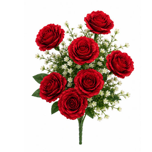 Bouquet of red roses with small white flowers on a white background