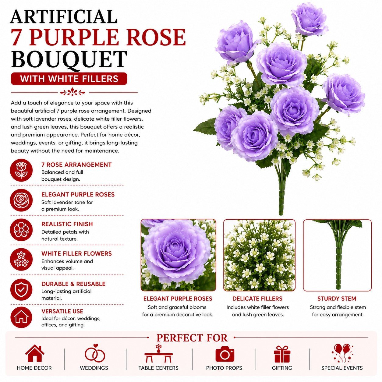 Purple rose bouquet with white fillers and product details on a white background