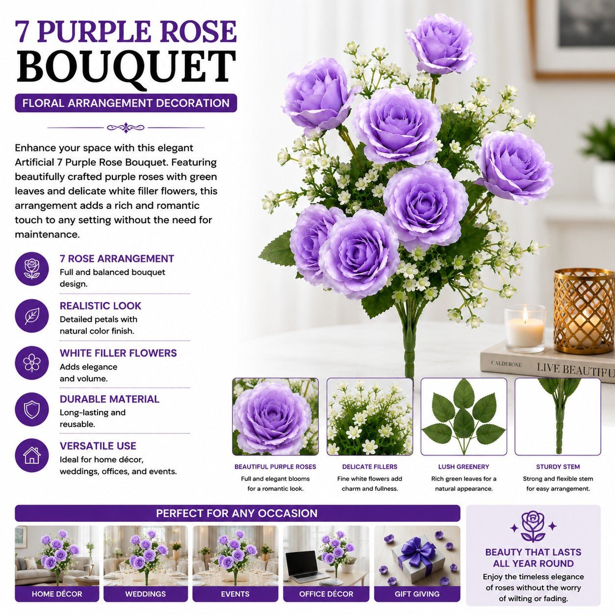 Purple rose bouquet with decorative text and images on a white background