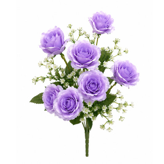 Bouquet of purple roses with green leaves on a white background