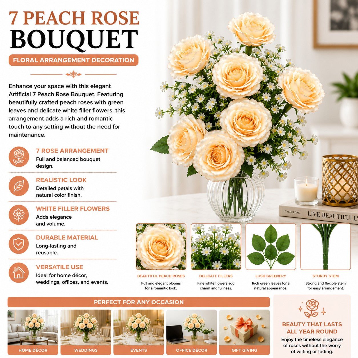 Floral arrangement decoration with peach roses and white filler flowers in a vase.