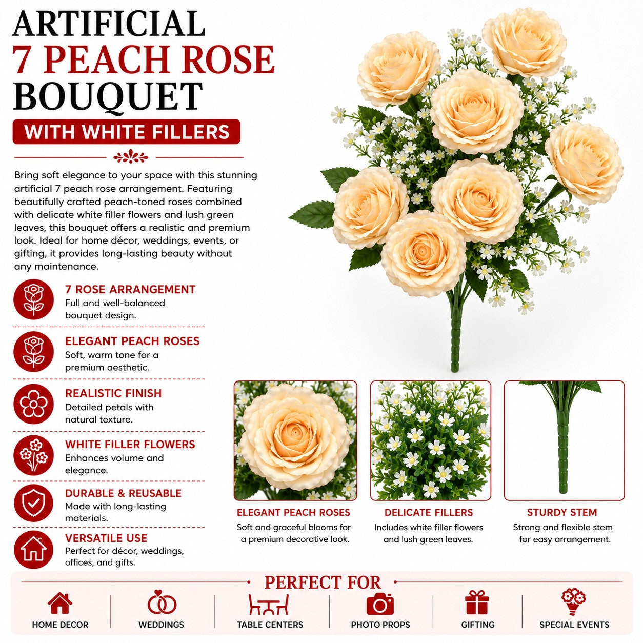 12 Head Artificial Peach Rose Bouquet with product details on a white background