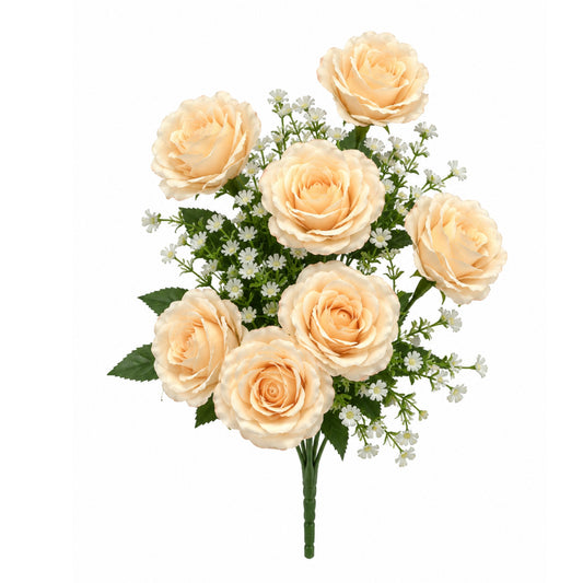 Bouquet of beige roses with small white flowers on a white background