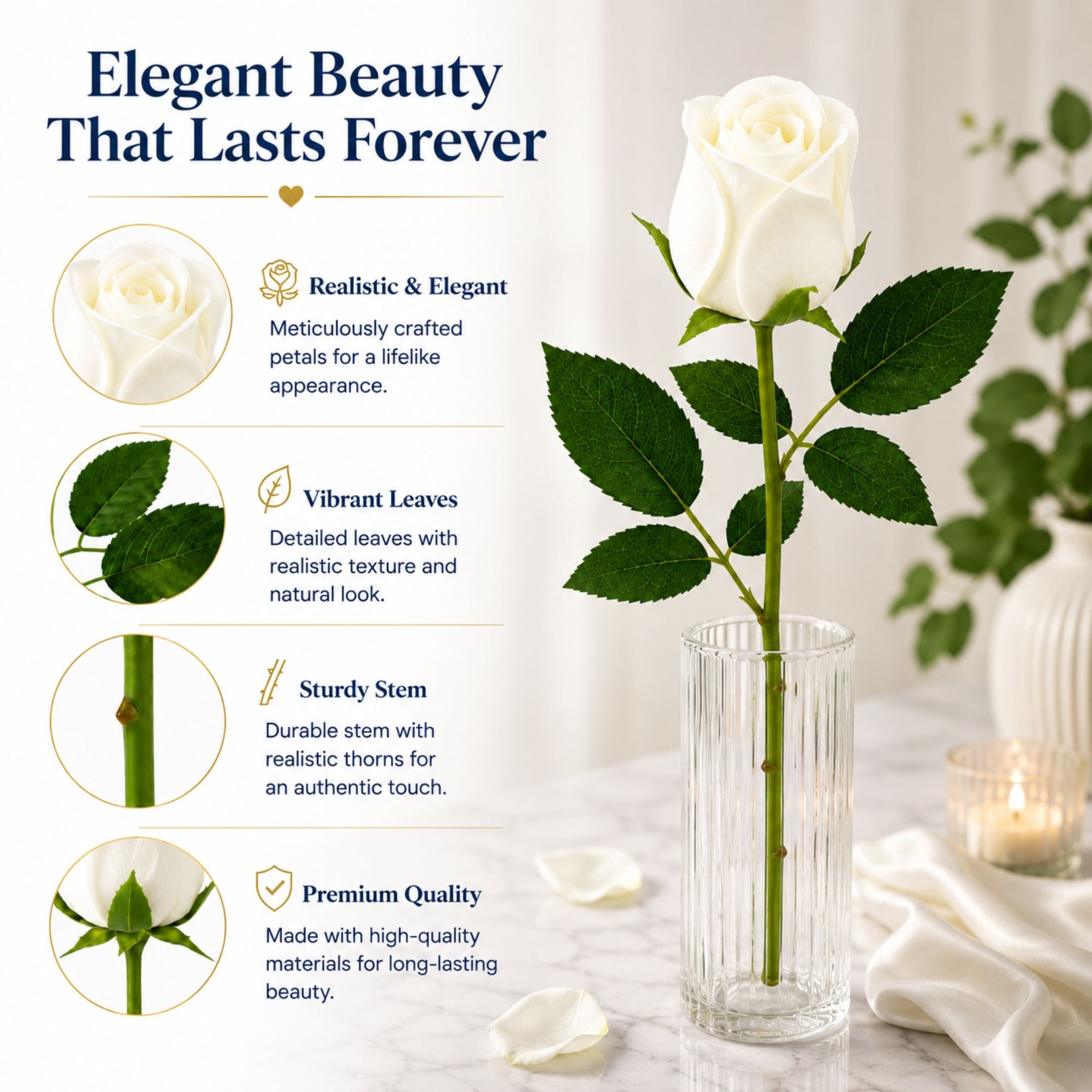 20" Artificial White Rose Stem for Home Decoration