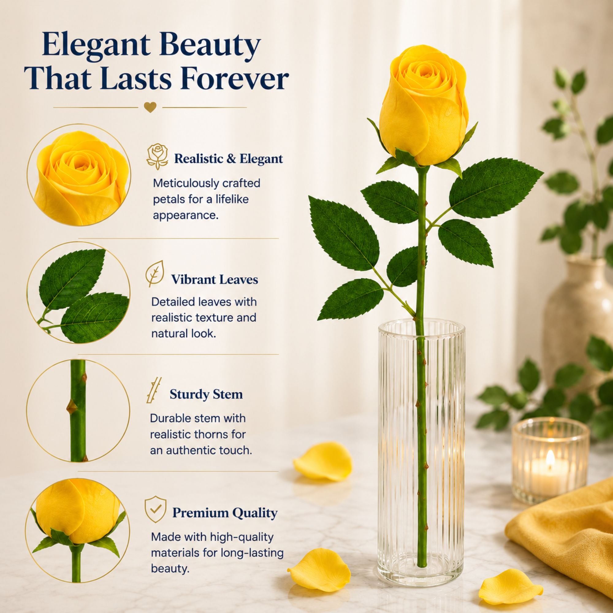 20" Faux Silk Yellow Rose Stem for Wedding Decor