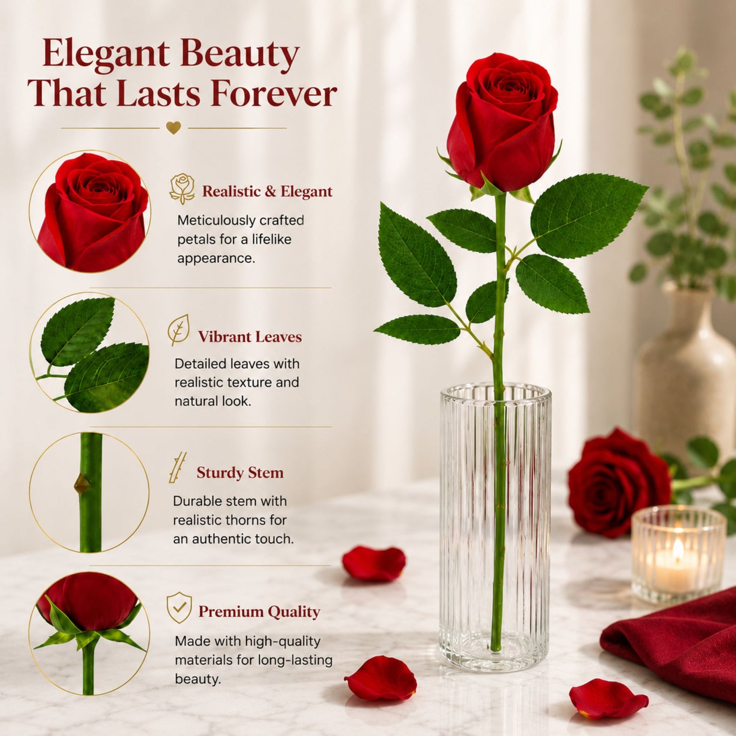 20" Faux Silk Red Rose Stem for Valentine’s Day Decor