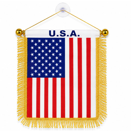 usa flag hanging banner with gold fringe