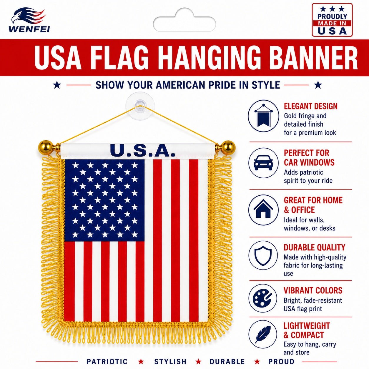 USA flag hanging banner with gold fringe on a white background, featuring Wenfei brand.