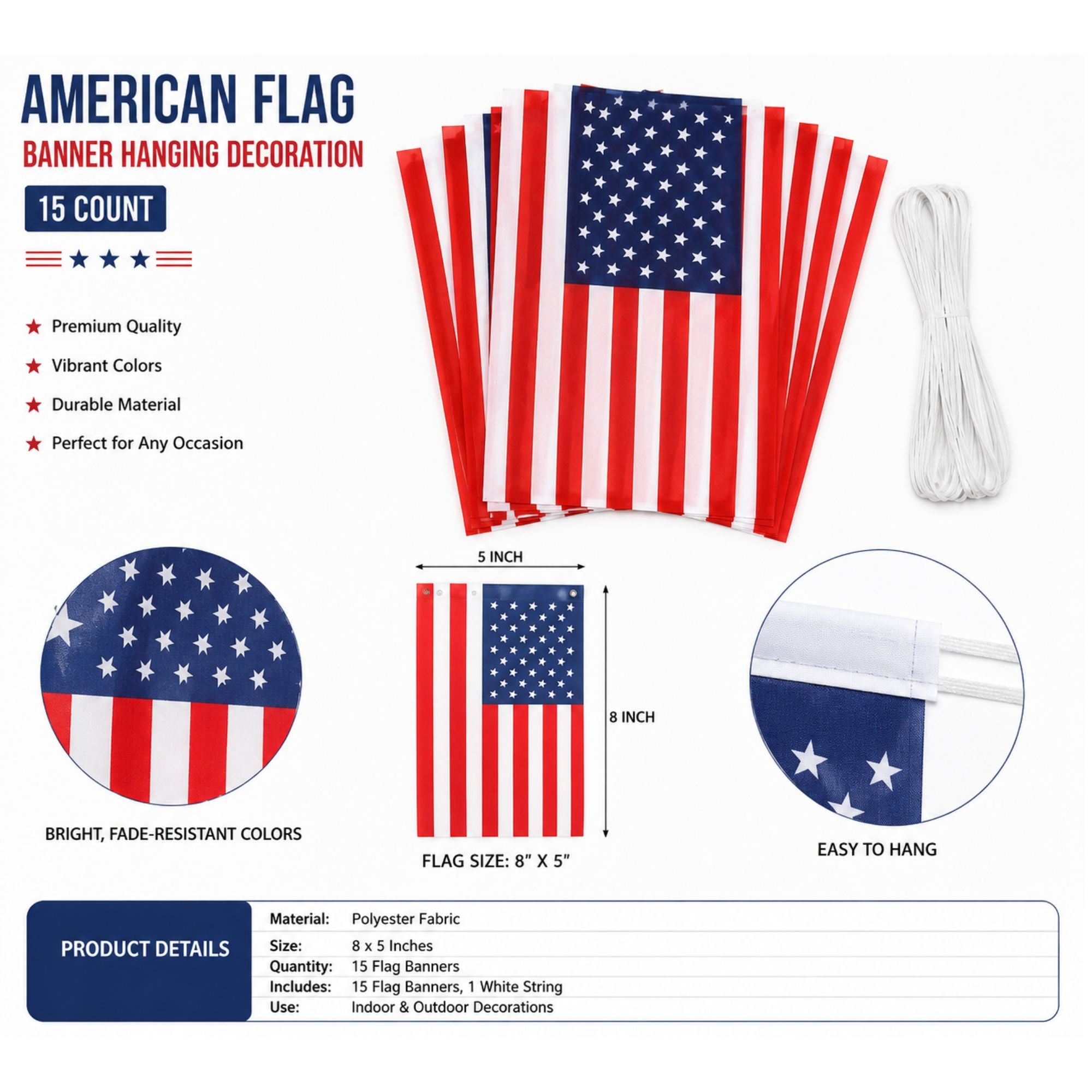 American flag banner hanging decoration set with specifications on a white background