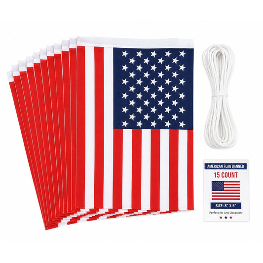 American flag banner with 15 flags, rope, and packaging on a white background