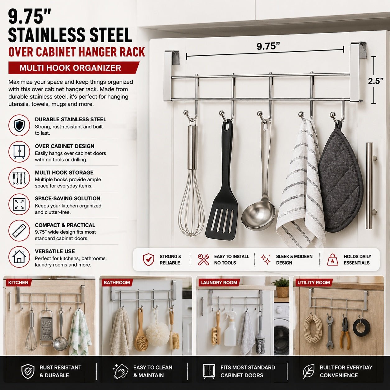 over cabinet metal hanger rack for kitchen storage