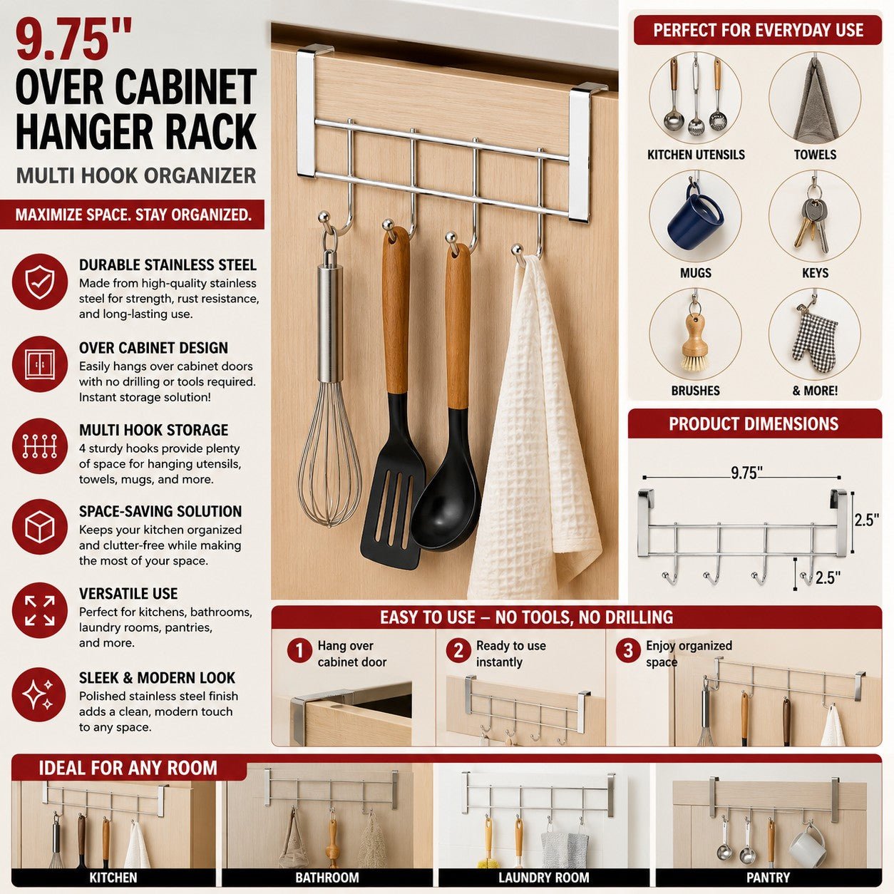 multi hook kitchen organizer rack for towels and utensils