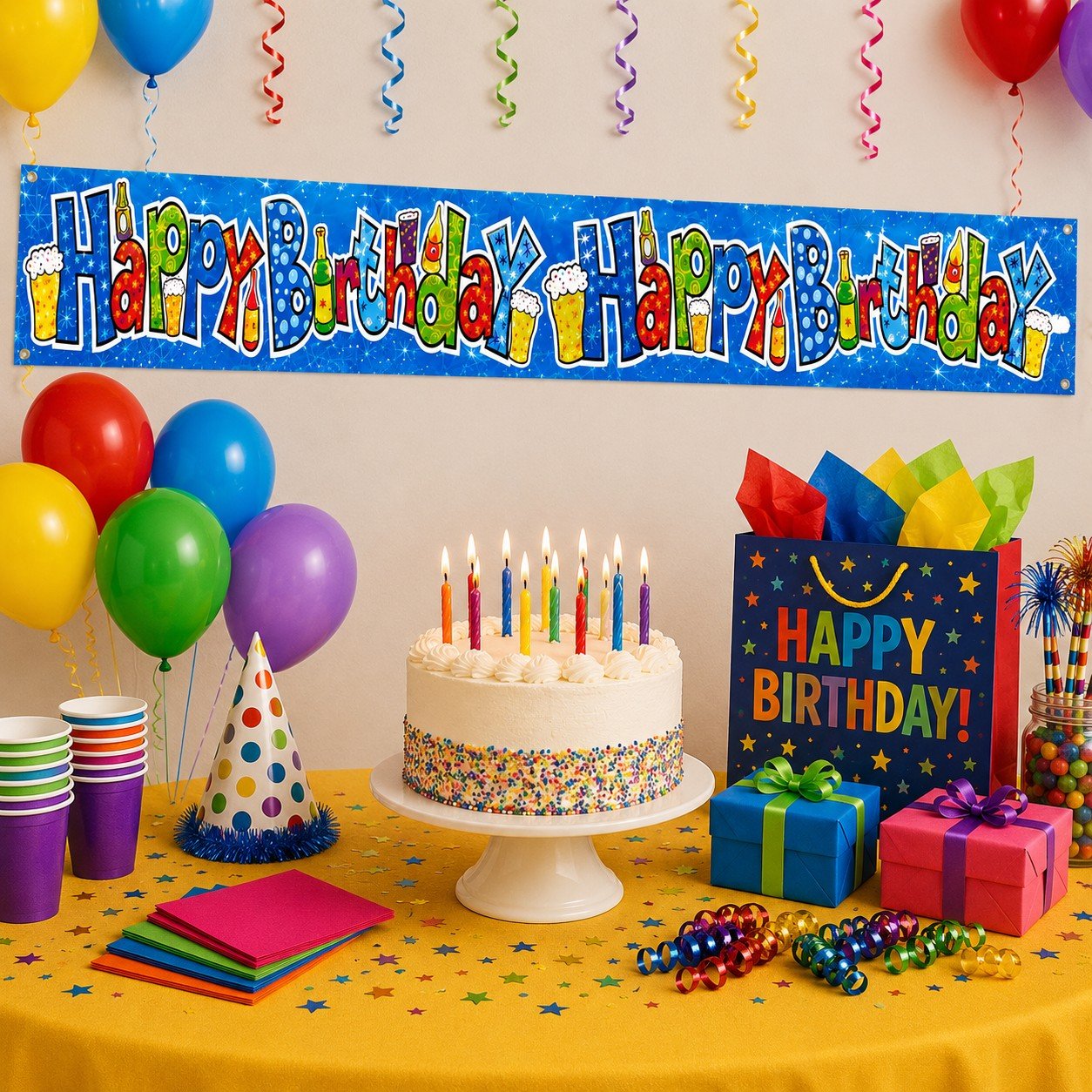 festive happy birthday banner with drinks graphics