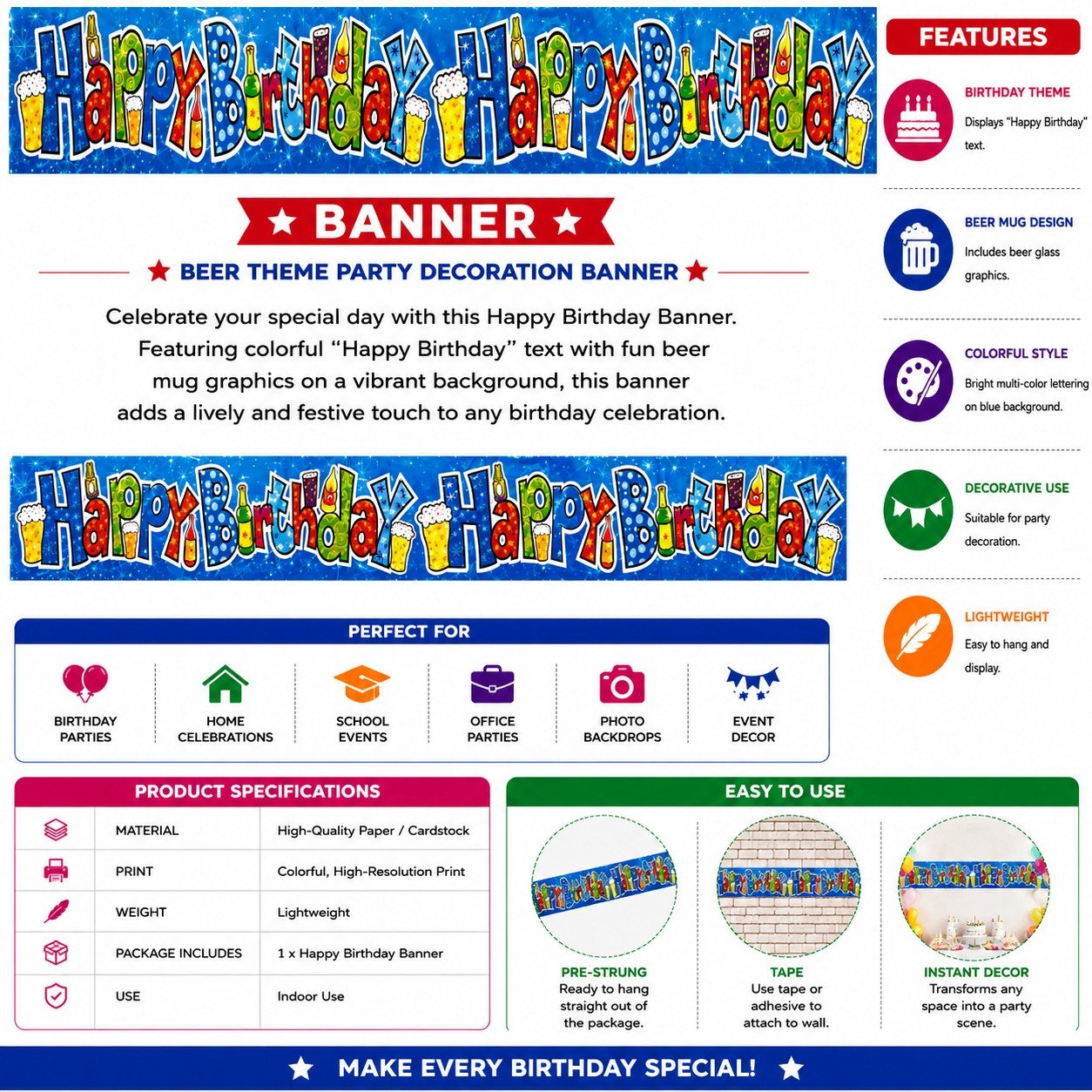 colorful birthday party banner blue background