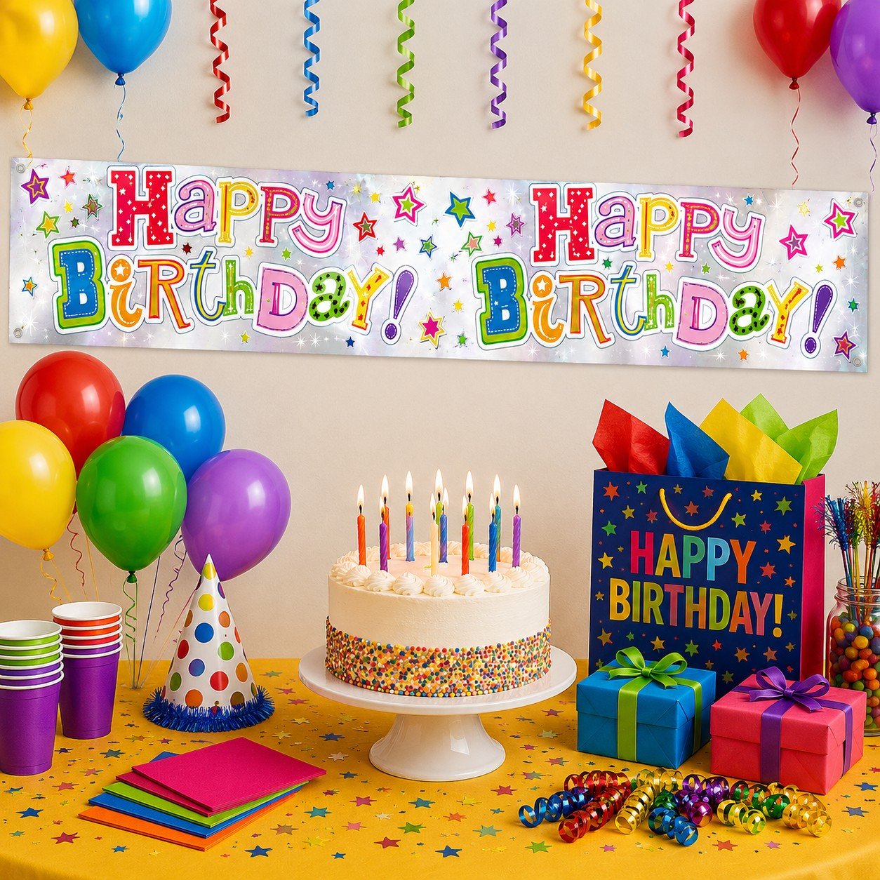 colorful happy birthday banner with stars