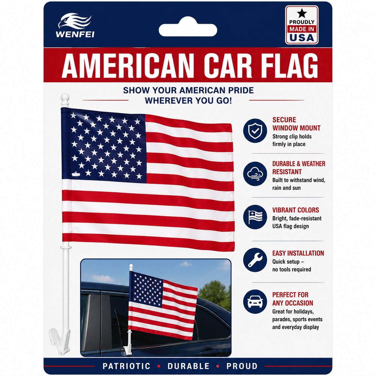 vehicle mounted american flag waving