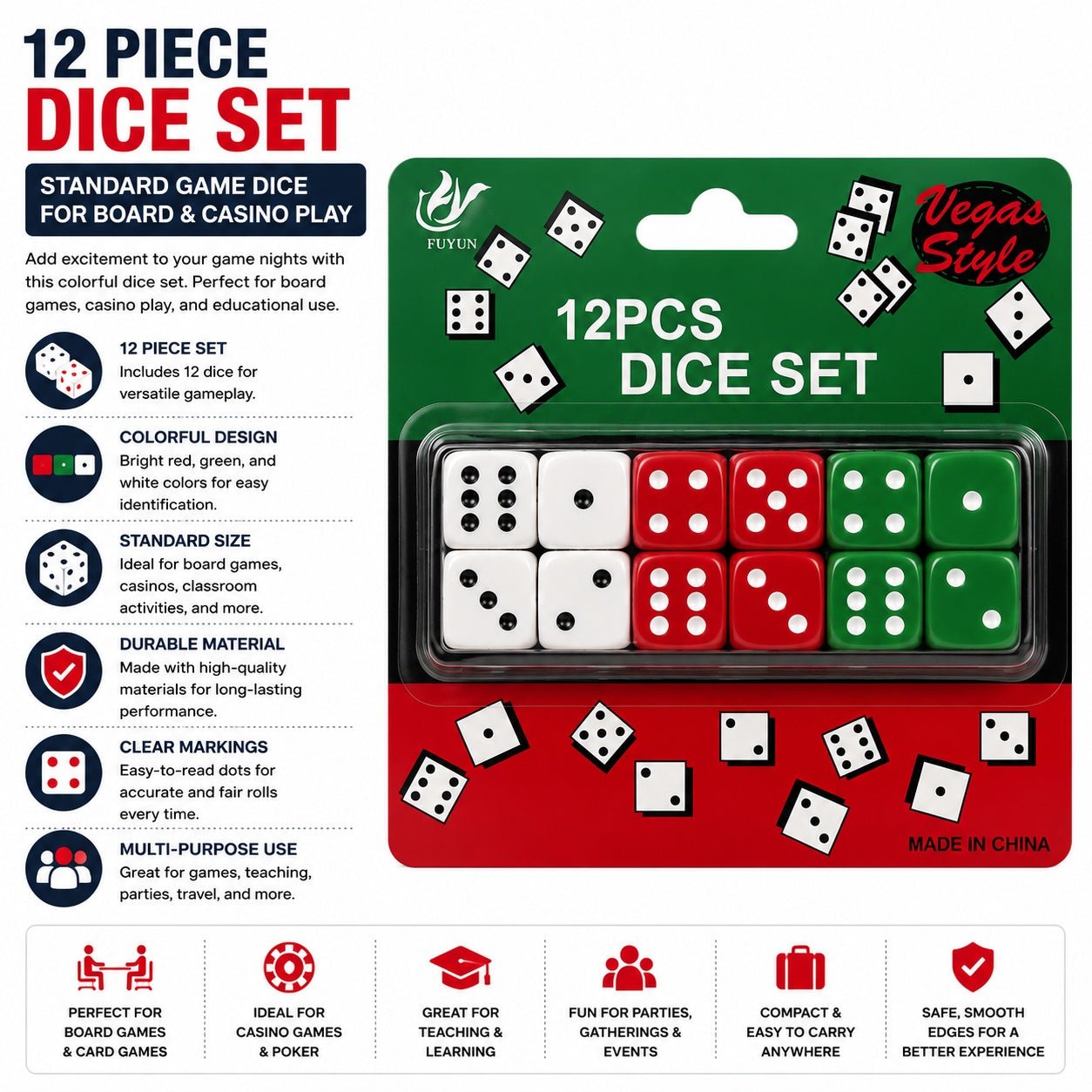 red green white casino dice set