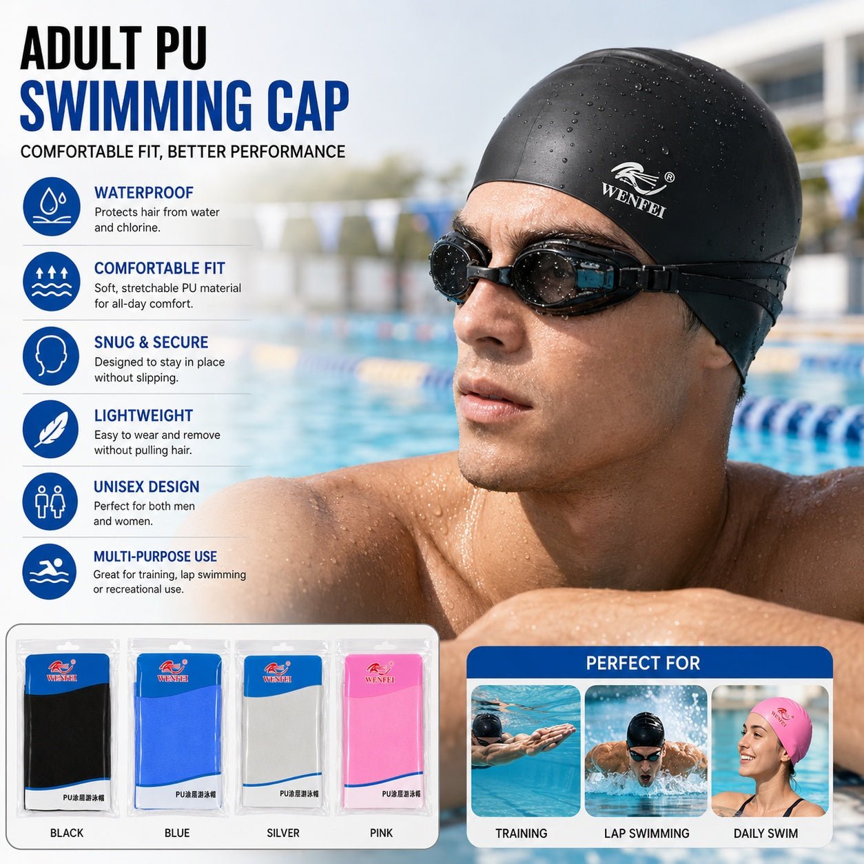 Adult Swimming Cap Waterproof Flexible PU Swim Cap for Men & Women