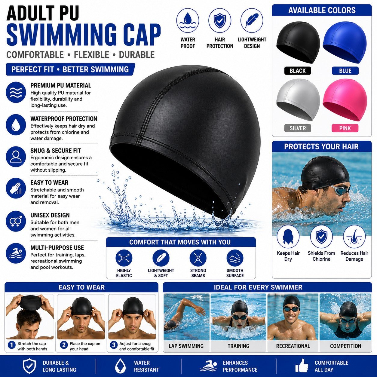 adult swim cap protecting hair from chlorine