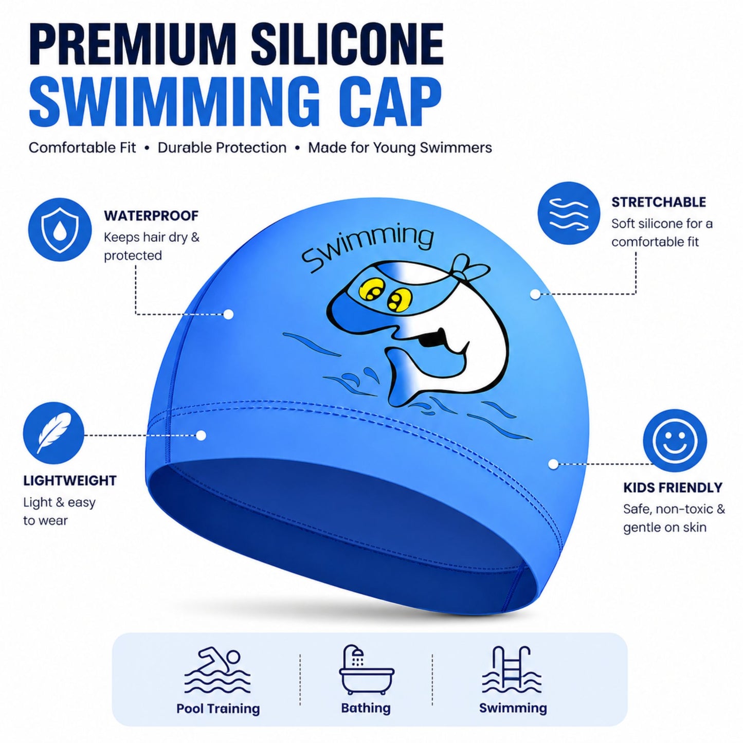 WENFEI Kids Stretchable Waterproof Silicone Swim Cap