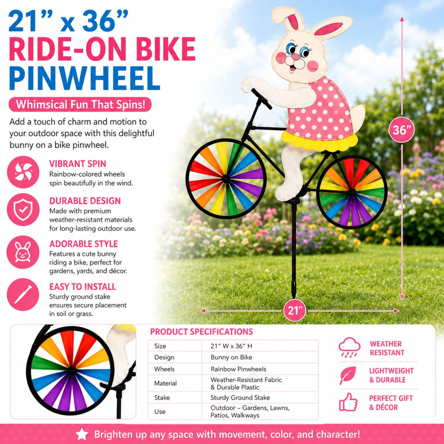 21 x 36 Bunny Ride-On Bike Pinwheel Colorful Garden Spinner