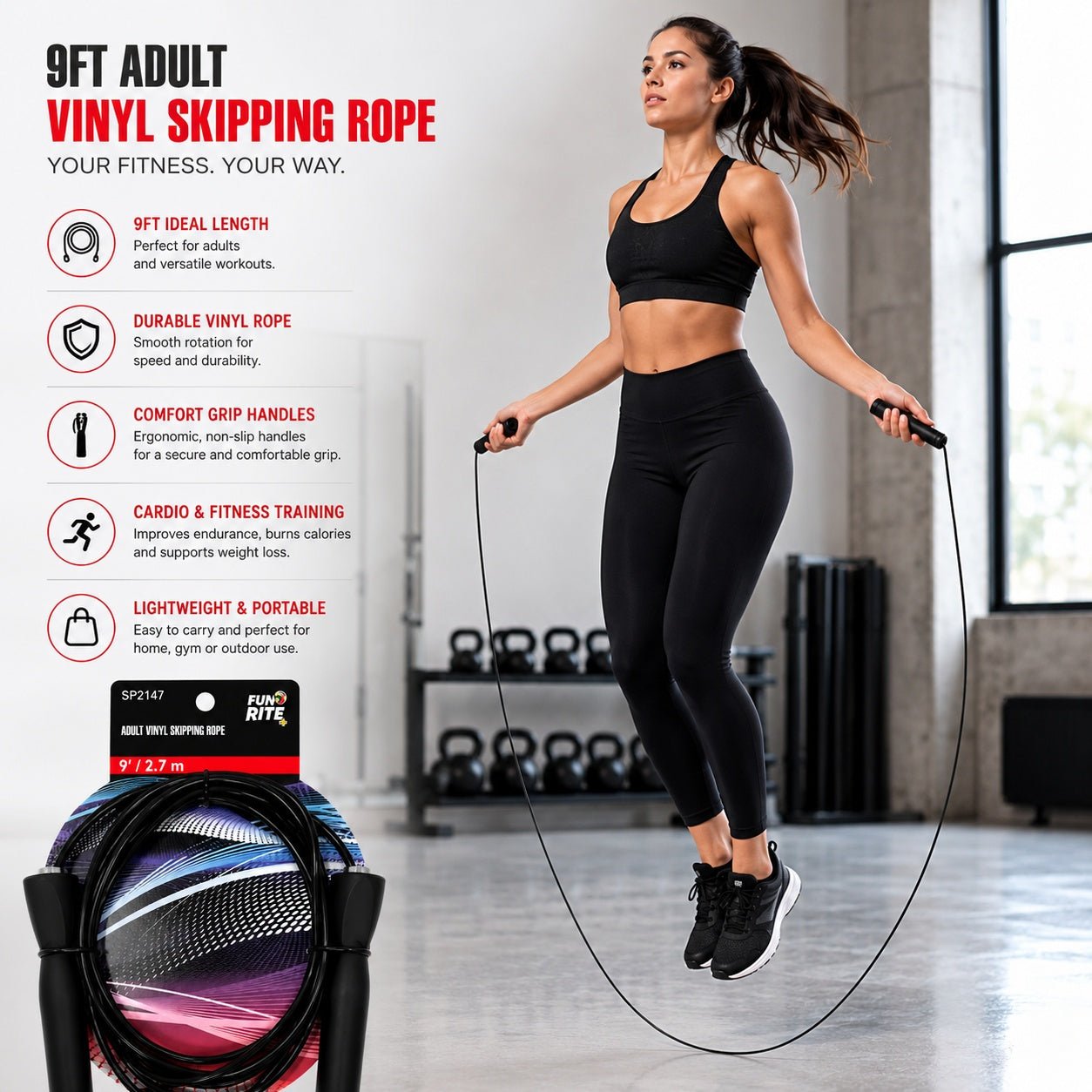 9ft Adult Vinyl Jump Rope Exercise Skipping Rope with Comfort Grip Handles