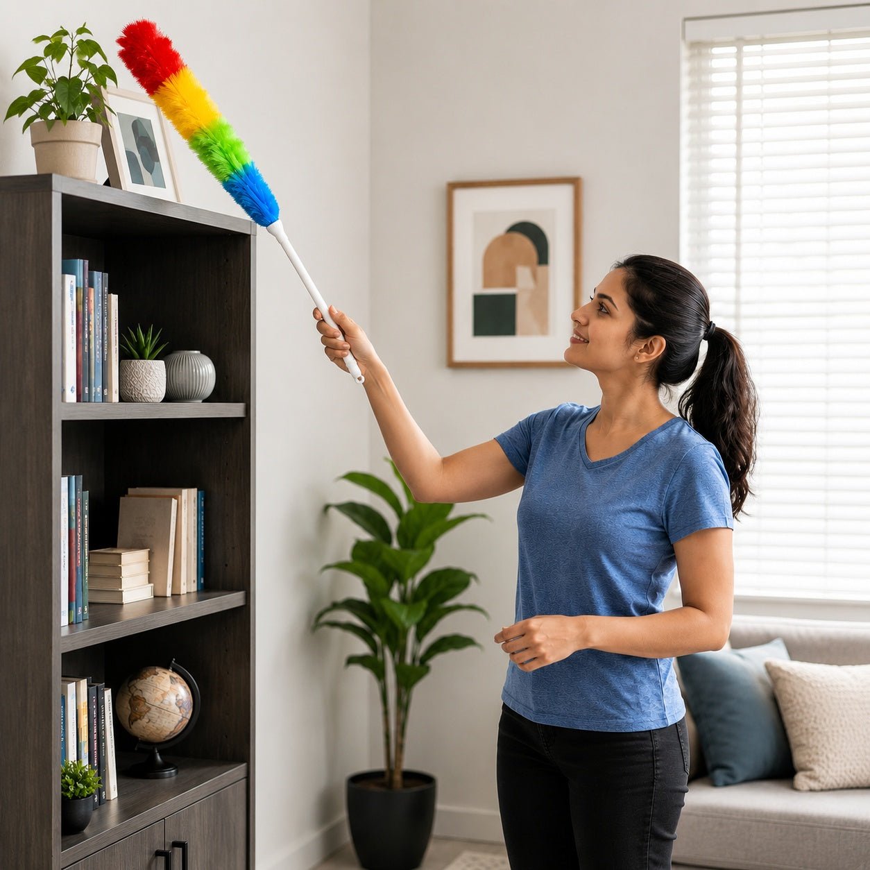 Woman cleaning a bookshelf with a rainbow duster in a living room.