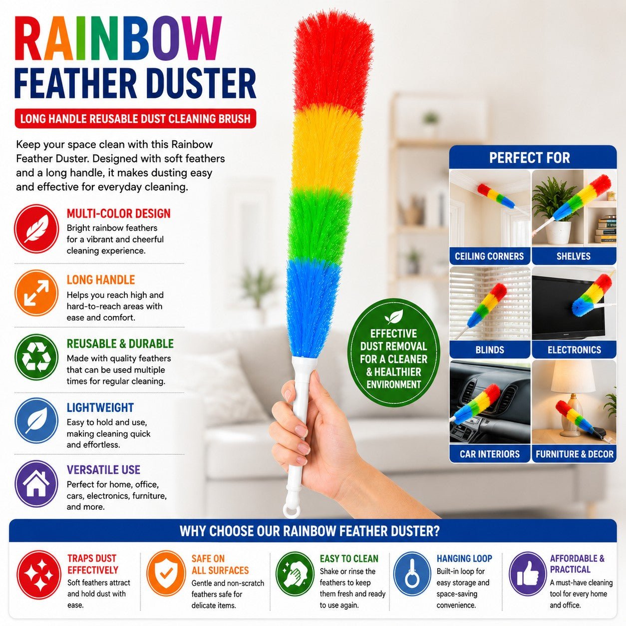 Rainbow feather duster with features and uses displayed on a white background