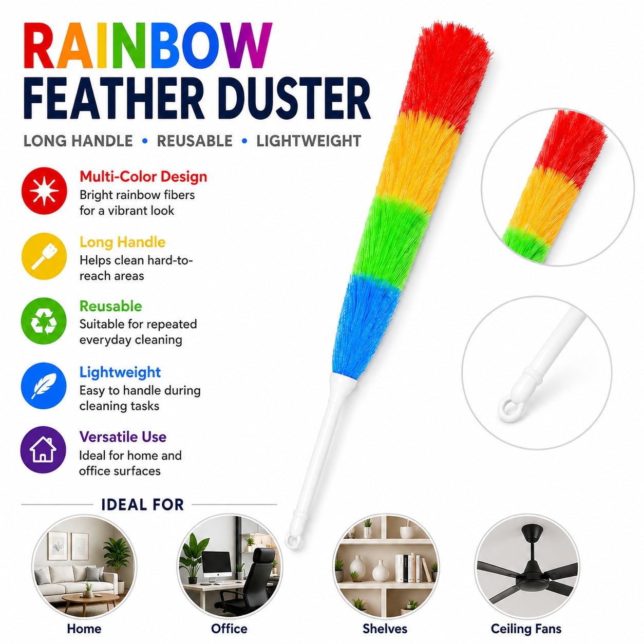 Rainbow feather duster with features and uses on a white background