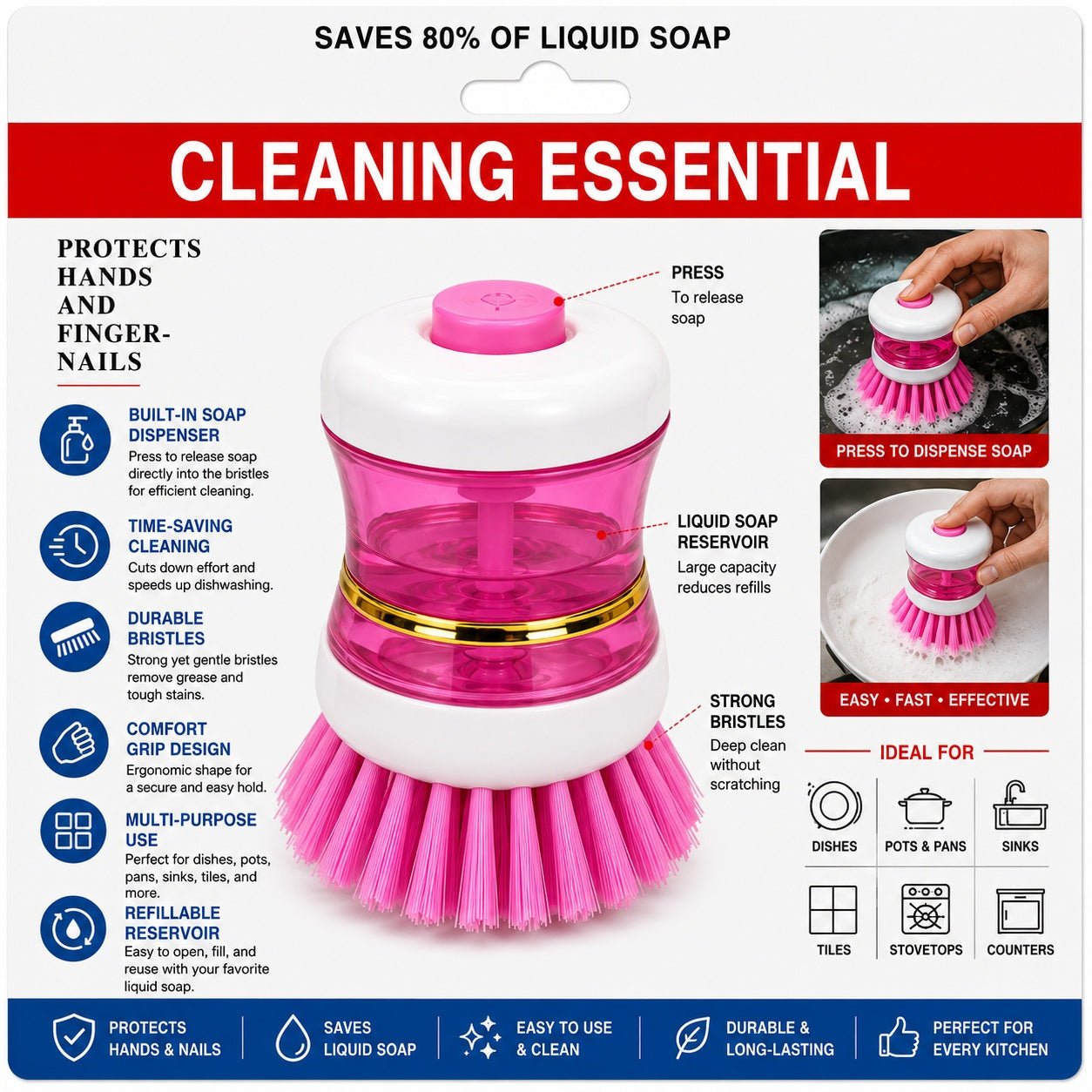 soap dispensing scrub brush for pots pans cleaning