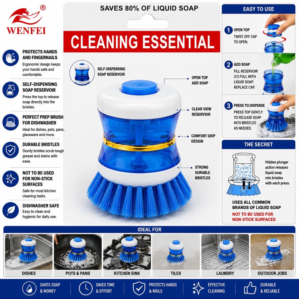 Liquid Soap Dispensing Dish Scrub Brush with Built-In Soap Reservoir Kitchen Cleaning Brush