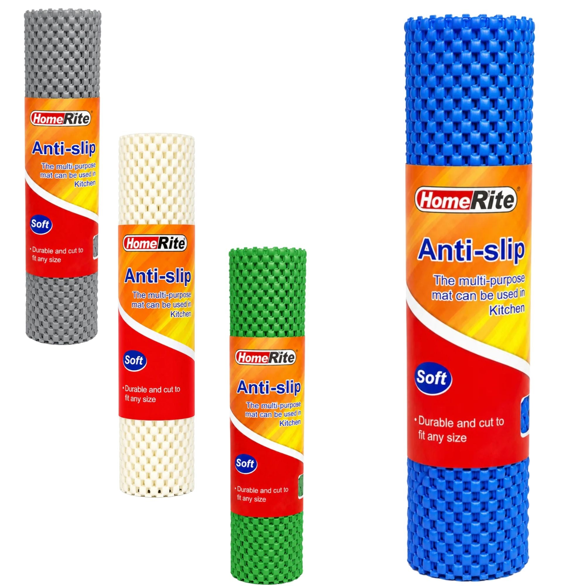 Four HomeRite Anti-slip kitchen mats in gray, cream, green, and blue, arranged vertically on a white background. Each mat has a textured surface and a colorful paper label with the HomeRite brand name.