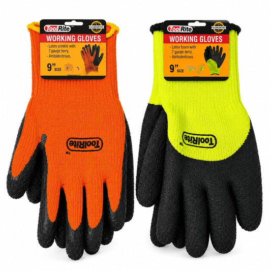 Two pairs of working gloves, one orange and one yellow with black cuffs, on white background.