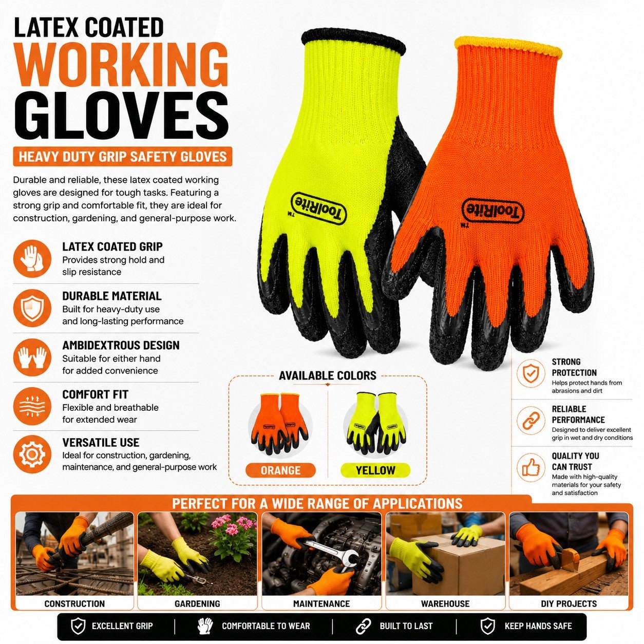 Pair of orange and yellow gloves with ToolRite branding on a white background, featuring product details and uses.