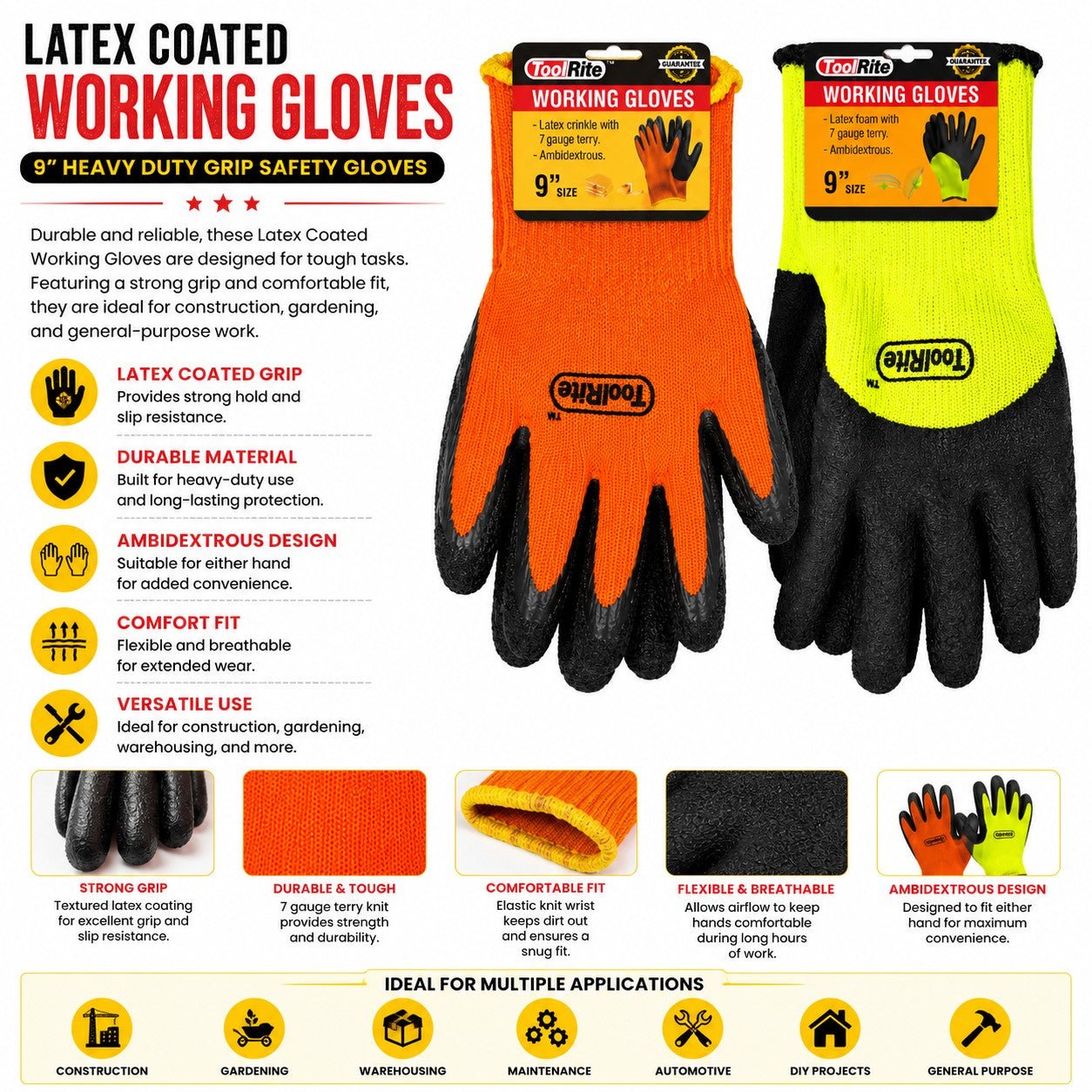 Two pairs of latex-coated working gloves with packaging on a white background, featuring text and icons about glove features and uses.