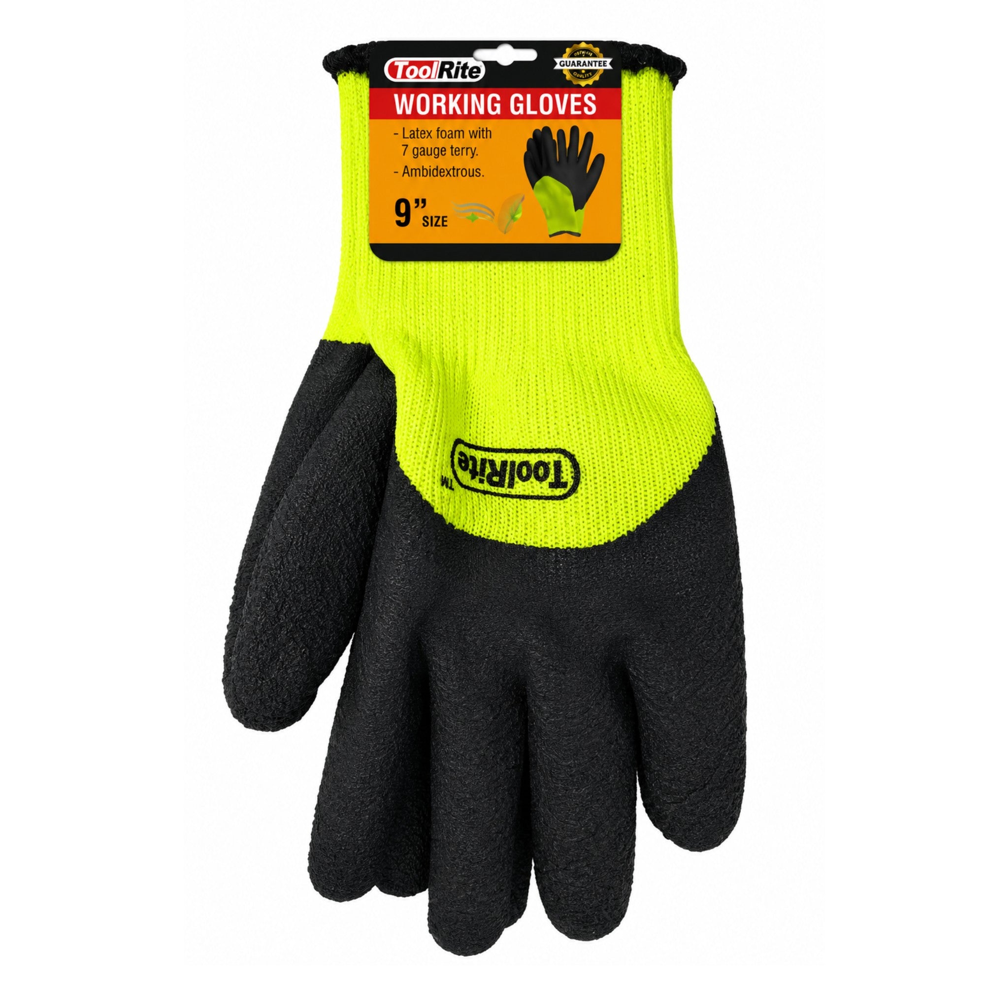 Pair of black and neon yellow working gloves with ToolRite branding on a white background.