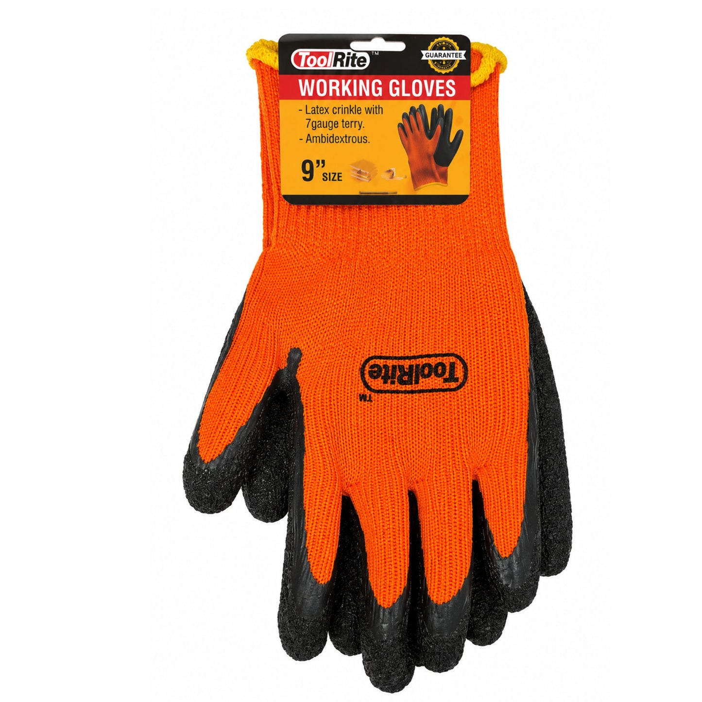 Orange working gloves with black cuffs on a white background, featuring Toolite branding.