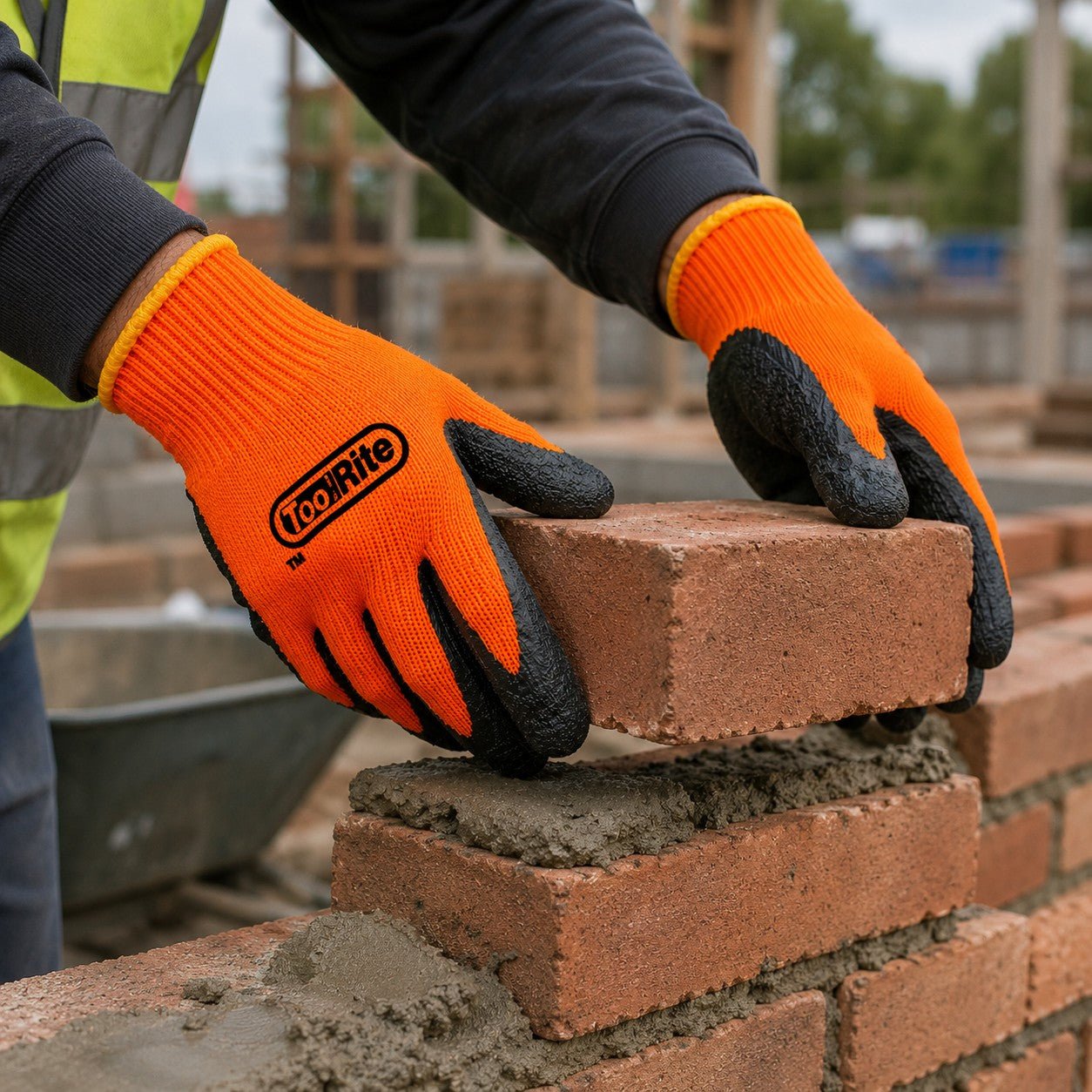 Person wearing orange work gloves with black fingertips, building a brick wall.