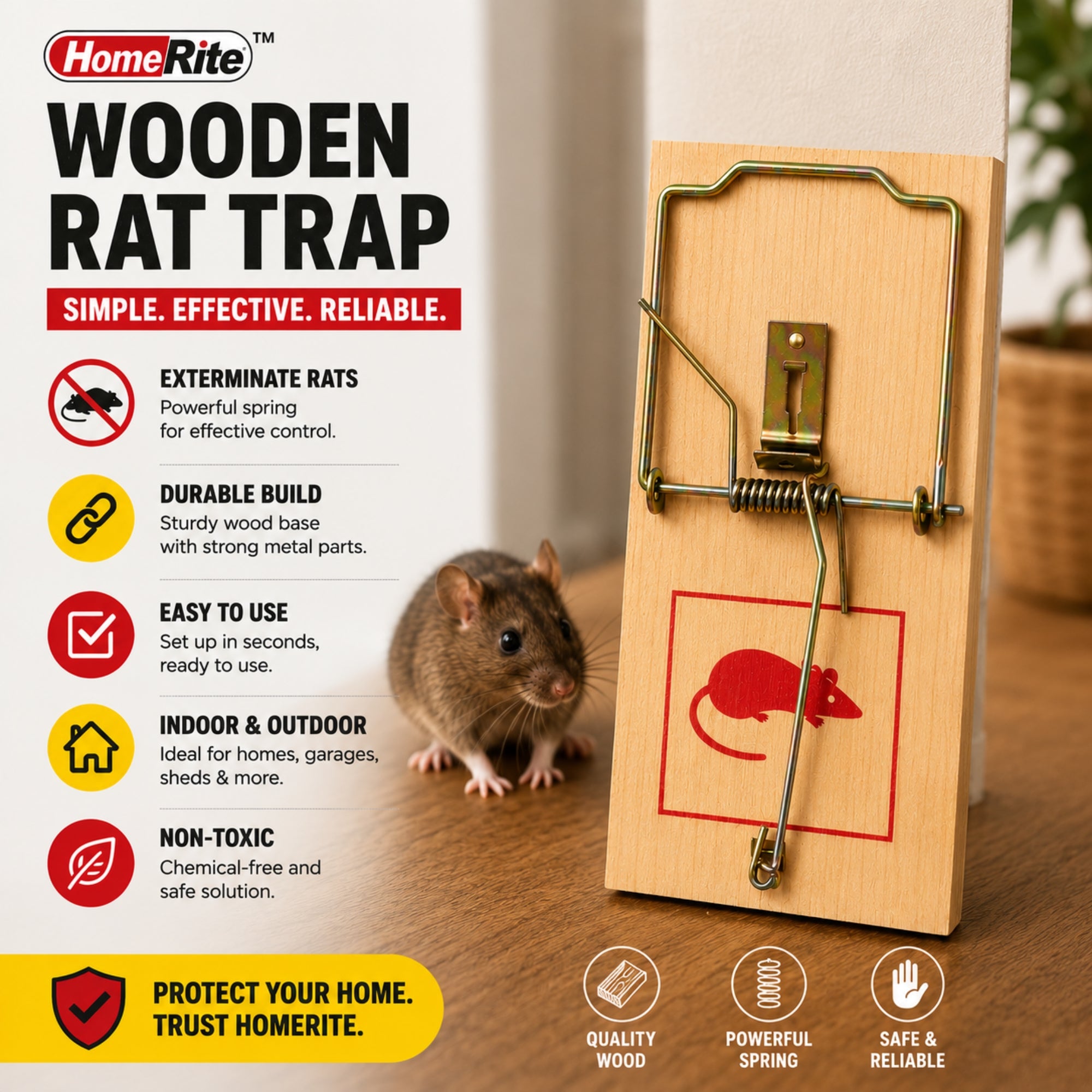Wooden Rat Trap Set Heavy Duty Pest Catcher Tool