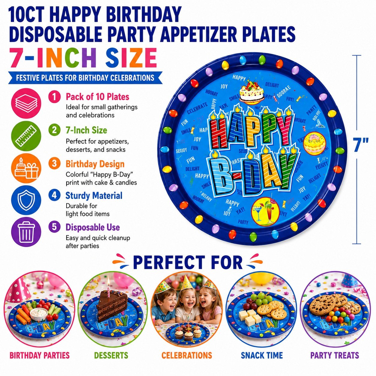 Disposable party appetizer plates with 'Happy Birthday' design, size 7-inch, suitable for birthday parties and celebrations.