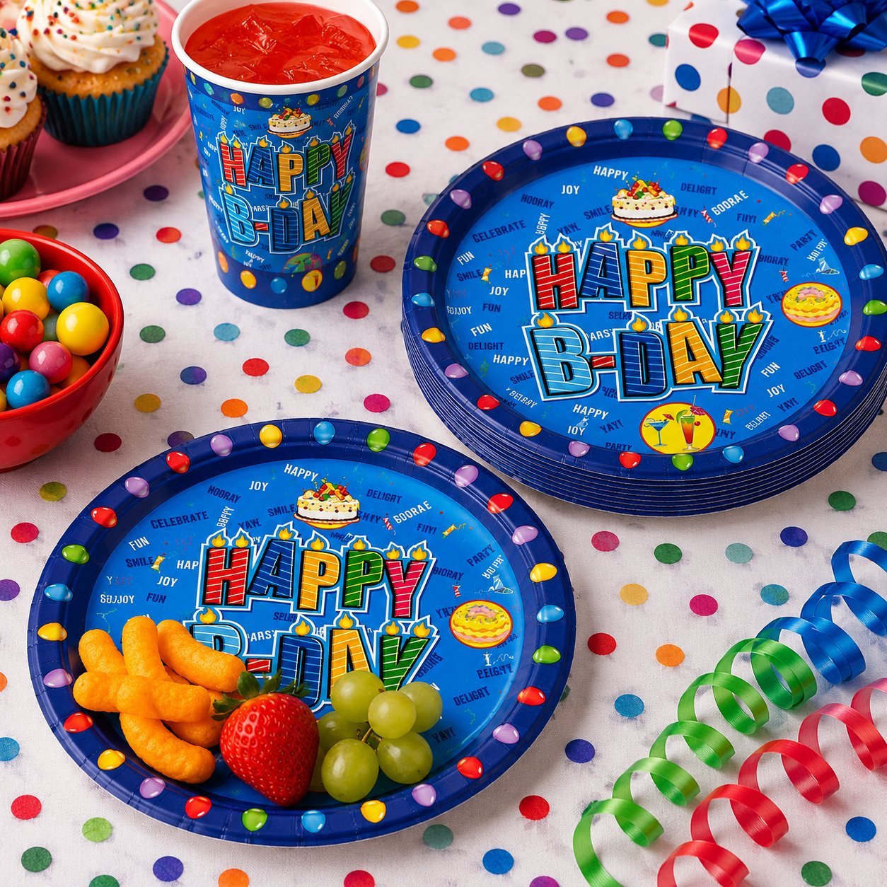 Birthday-themed plates, cups, and snacks on a polka dot tablecloth
